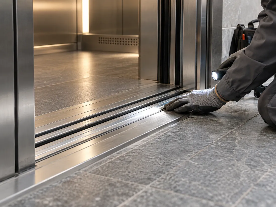 Close inspection of an elevator door sill and metal track at the landing