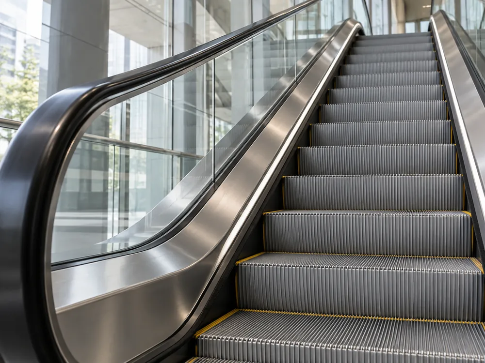 Close architectural view of escalator steps, glass balustrade and black handrail