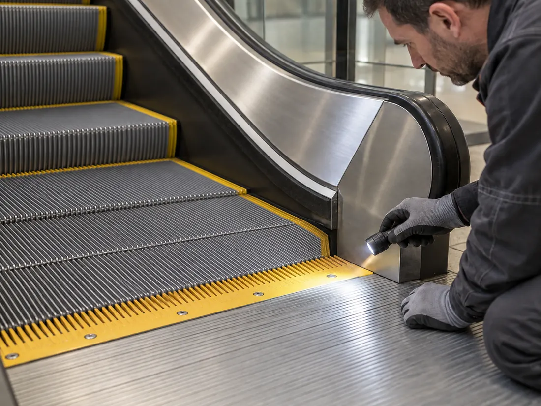 Inspection of the comb plate and grooved steps at a stationary escalator landing