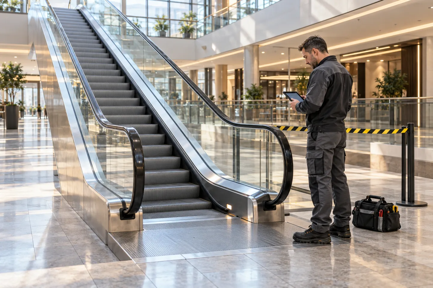 Escalator technician reviewing a stopped escalator in a shopping centre before opening